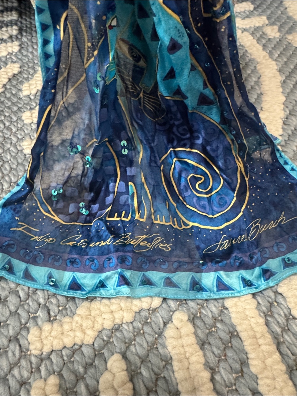 Laurel Burch Indigo Cats & Butterflies 100% Silk Sequin Scarf - Picture 3 of 6